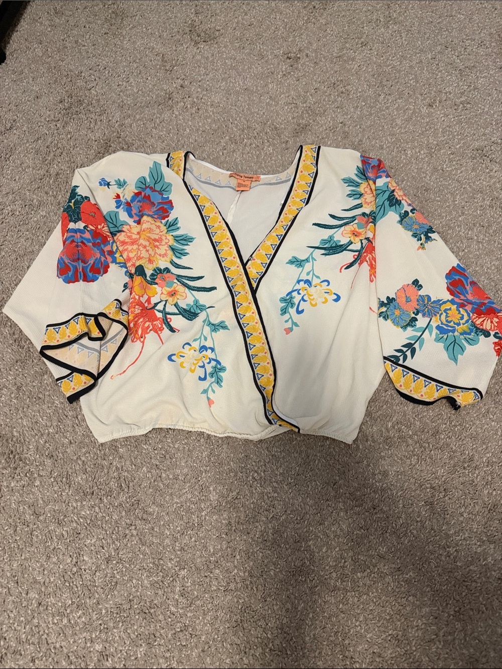Flying Tomato White Floral Cropped Wrap Top with Yellow Trim